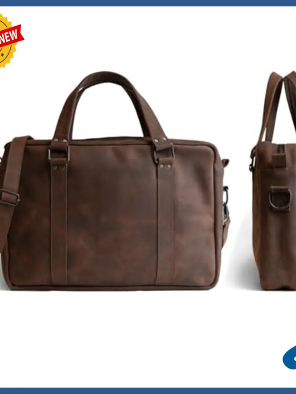 Full Grain Leather Laptop Briefcase with Shoulder Strap for Work